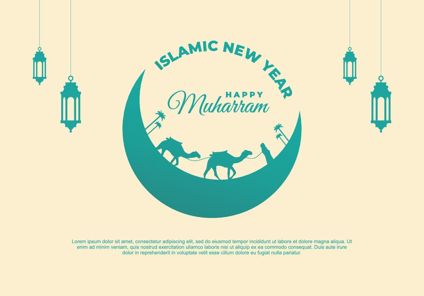 Islamic new year muharram festival with green lanterns, man camel vector