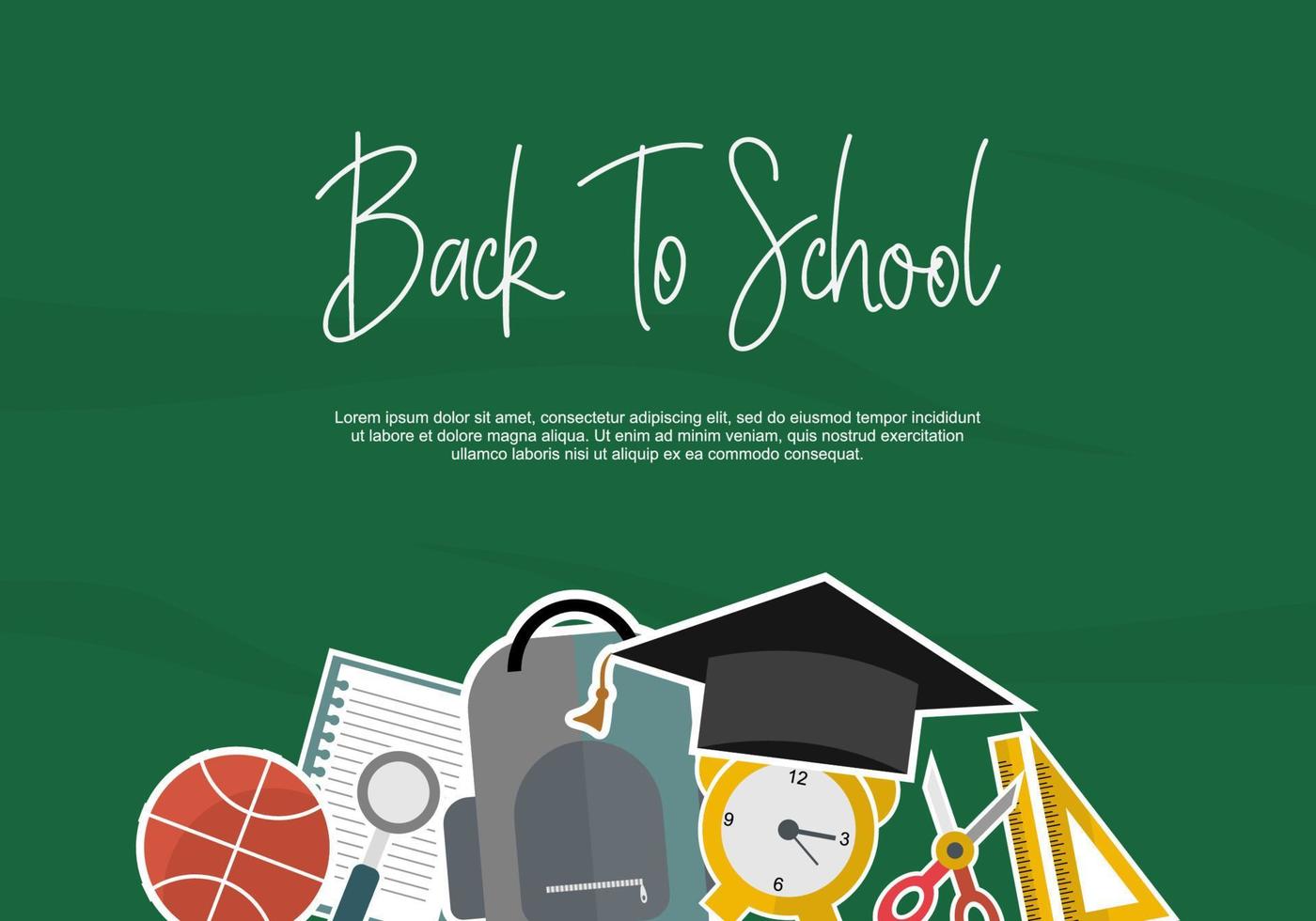 Back to school with basketball, book, bag, clock, ruler, scissor, hat vector