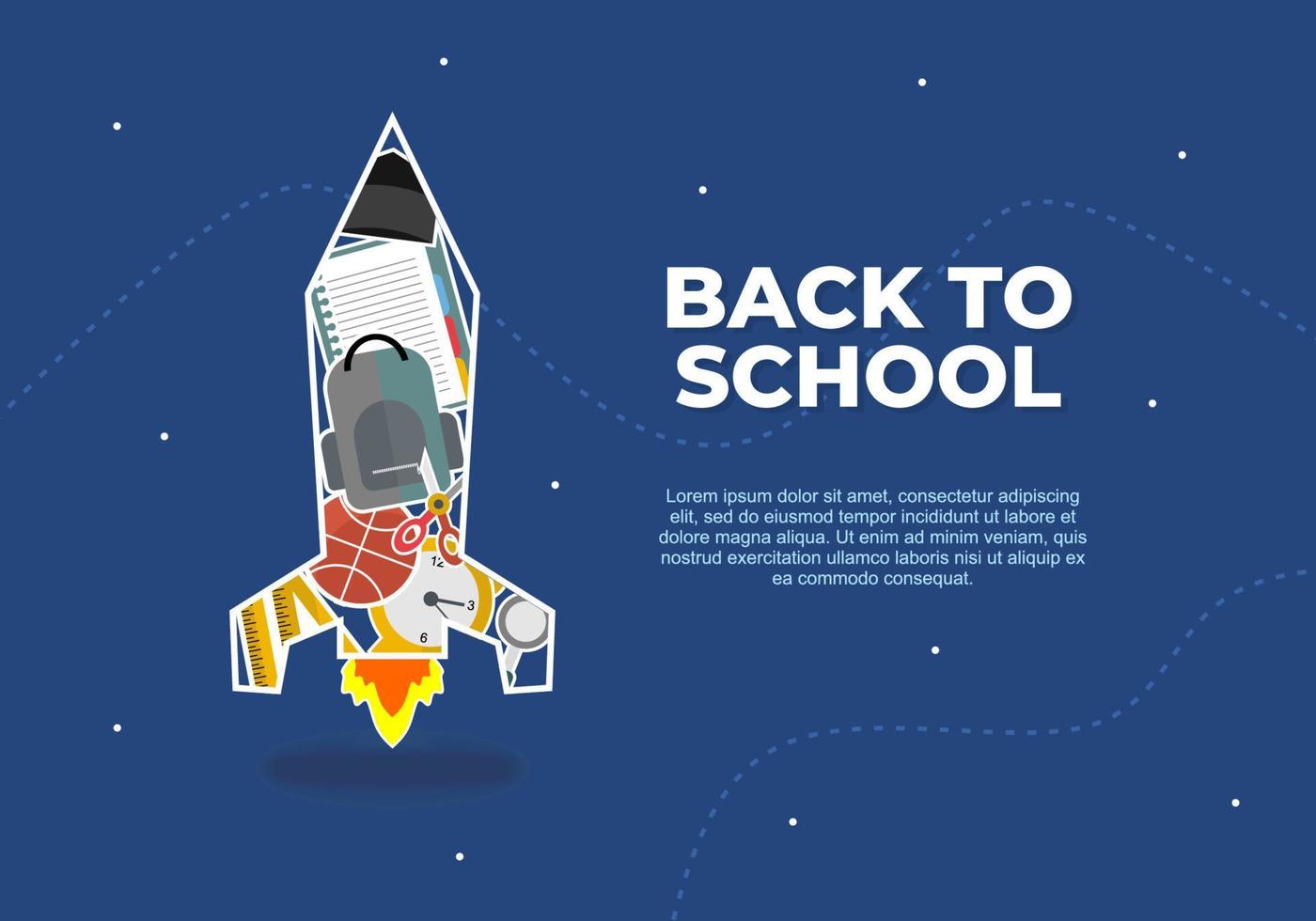 Back to school with basketball, book, bag, clock and hat in rocket vector