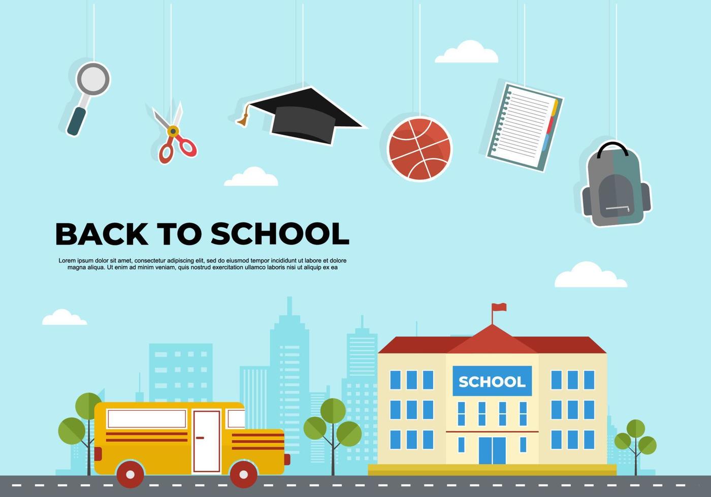 Back to school education school building, bus, basketball, ruler, book vector