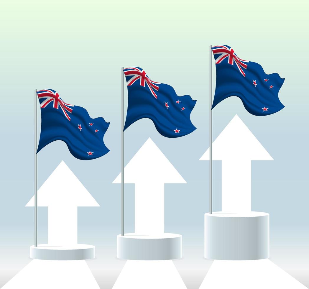 New Zealand flag. The country is in an uptrend. Waving flagpole in modern pastel colors. Flag drawing, shading for easy editing. Banner template design. vector