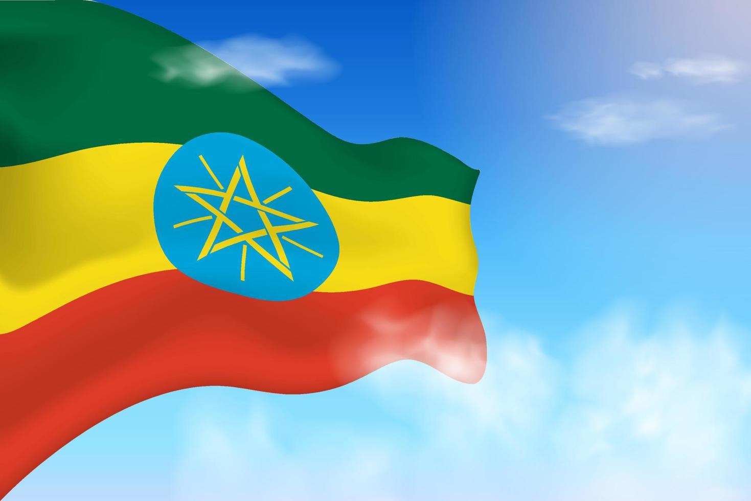 Ethiopia flag in the clouds. Vector flag waving in the sky. National day realistic flag illustration. Blue sky vector.