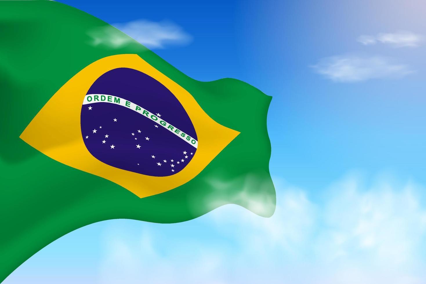 Brazil flag in the clouds. Vector flag waving in the sky. National day realistic flag illustration. Blue sky vector.