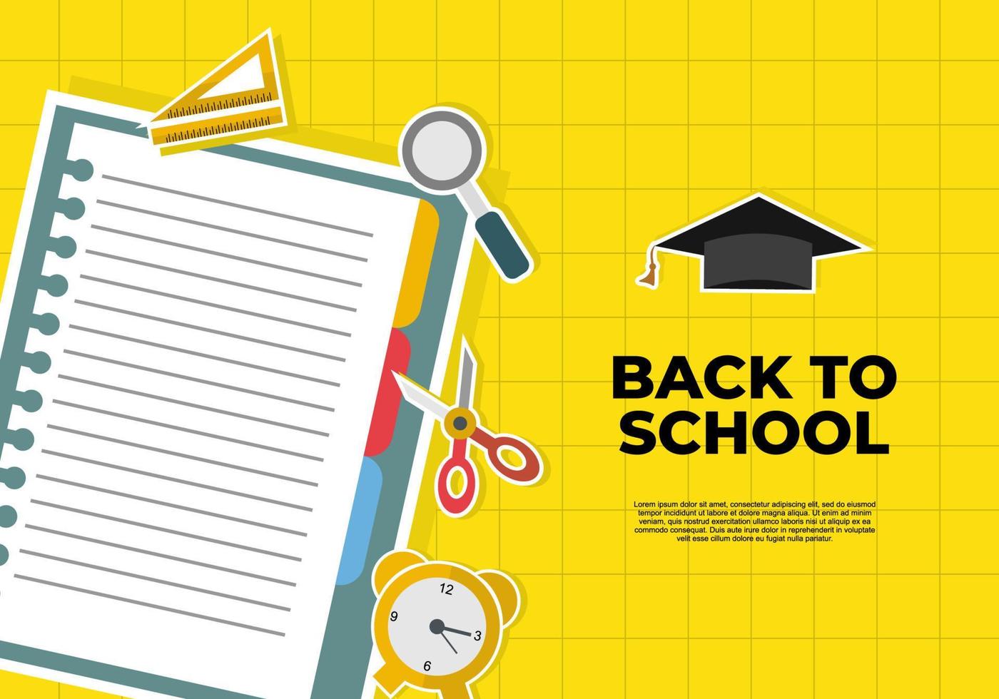 Back to school education book note, magnifier, hat, clock and scissor vector