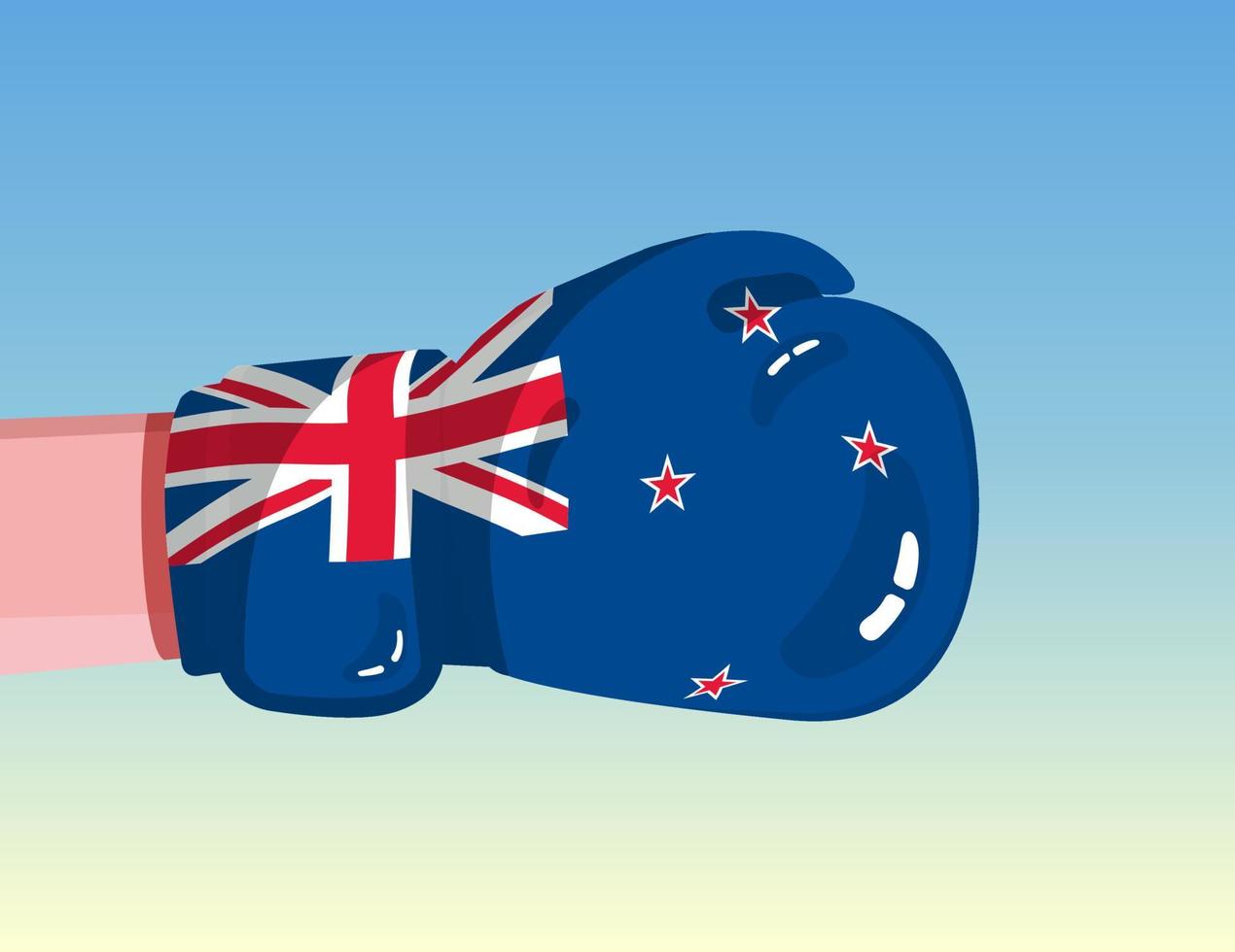 Flag of New Zealand on boxing glove. Confrontation between countries with competitive power. Offensive attitude. Separation of power. Template ready design. vector