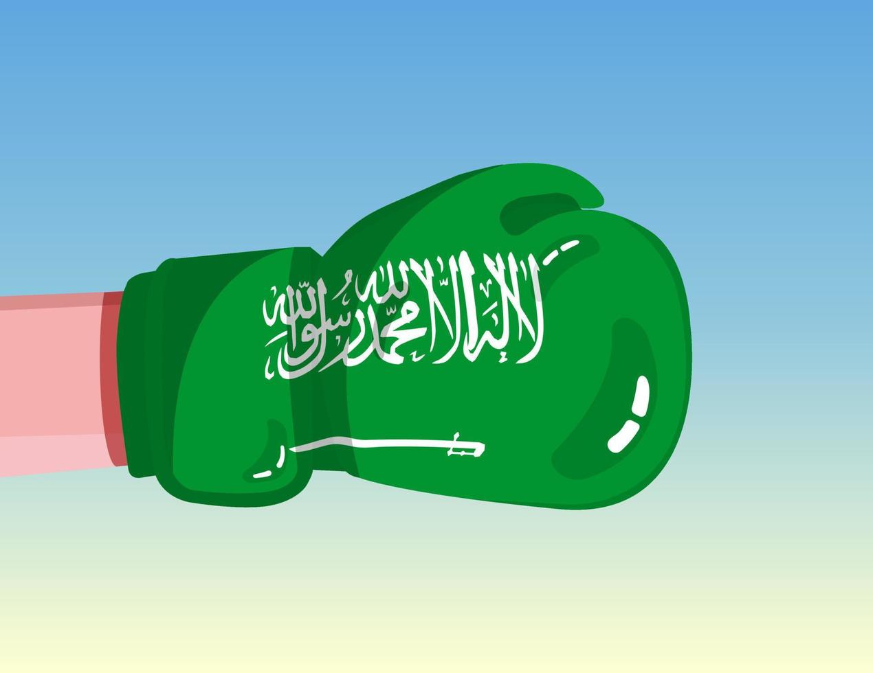 Flag of Saudi Arabia on boxing glove. Confrontation between countries with competitive power. Offensive attitude. Separation of power. Template ready design. vector