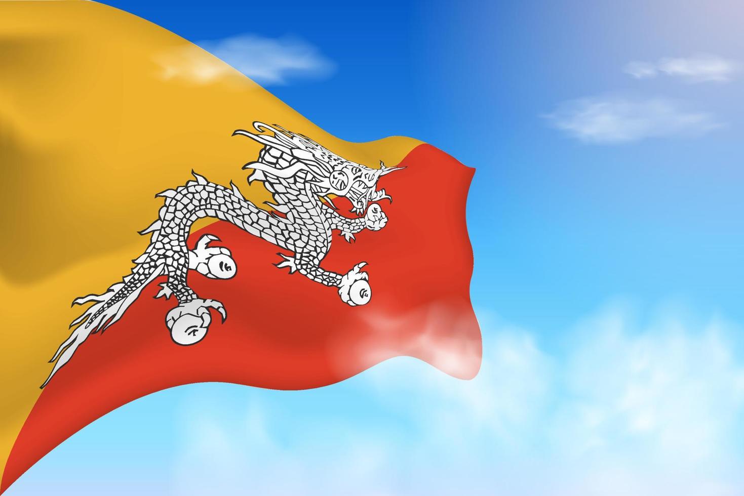 Bhutan flag in the clouds. Vector flag waving in the sky. National day realistic flag illustration. Blue sky vector.