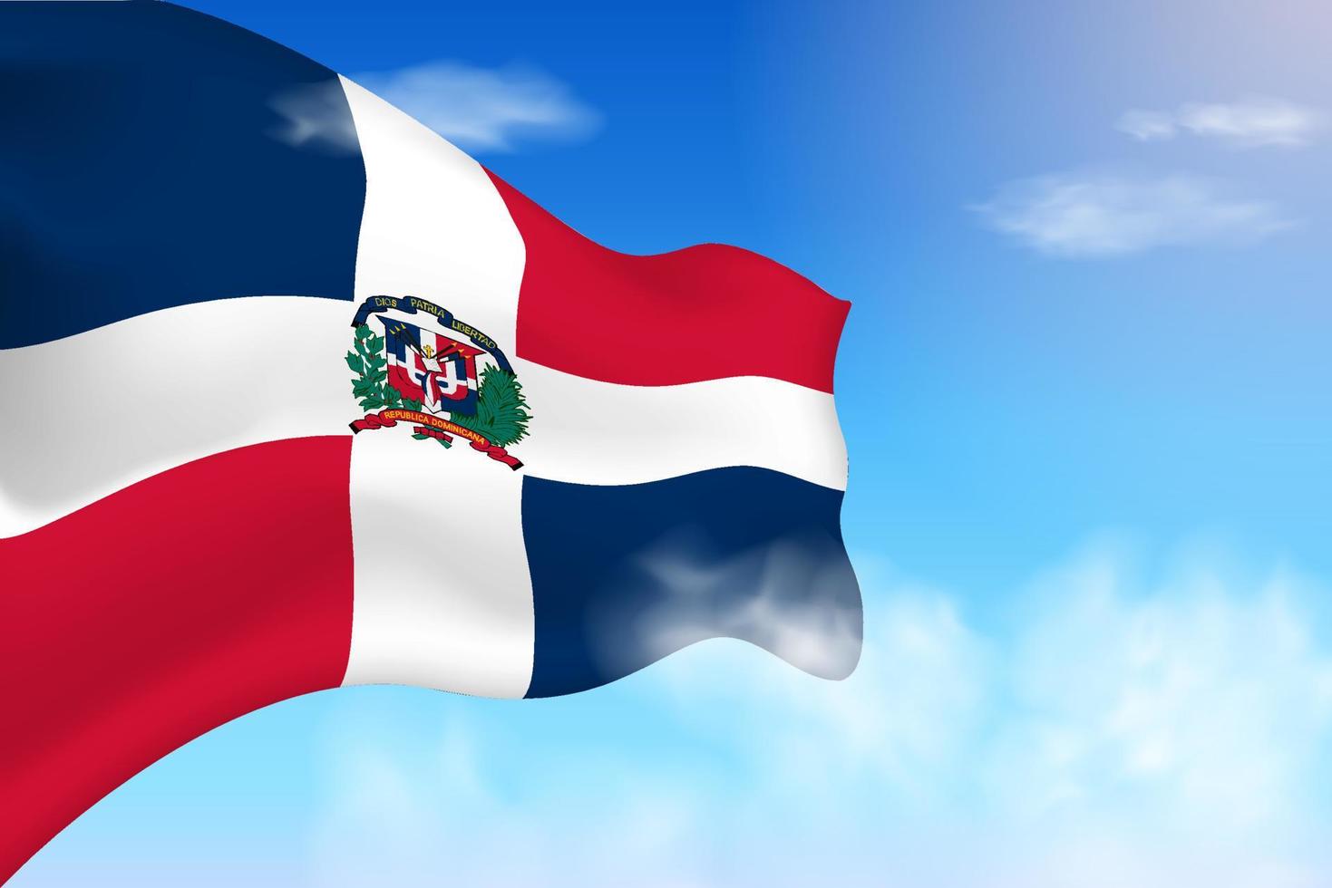 bandera de república dominicana en las nubes. bandera vectorial ondeando en el cielo. ilustración realista de la bandera del día nacional. vector de cielo azul.