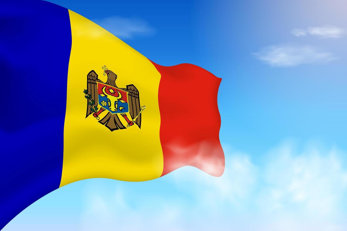 Moldova flag in the clouds. Vector flag waving in the sky. National day realistic flag illustration. Blue sky vector.