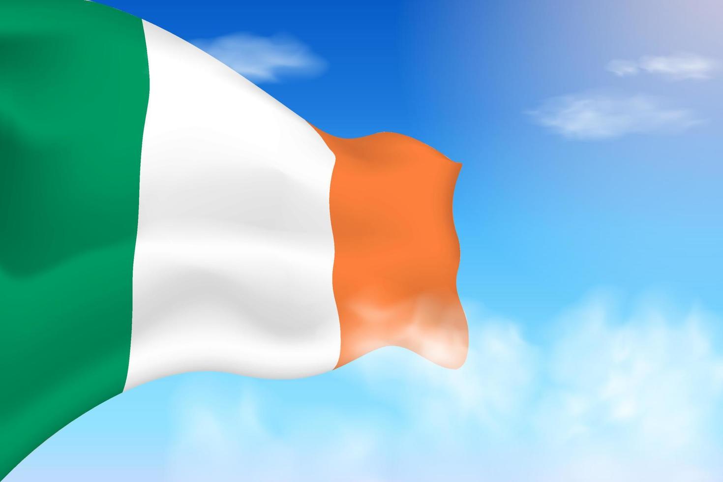 bandera de irlanda en las nubes. bandera vectorial ondeando en el cielo. ilustración realista de la bandera del día nacional. vector de cielo azul.