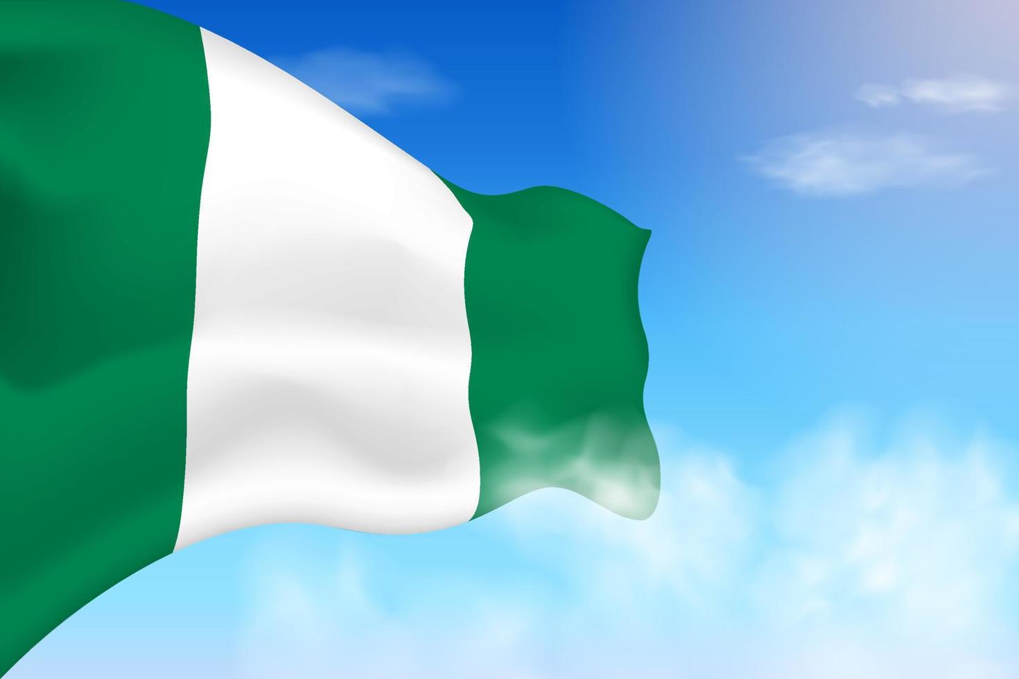 Nigeria flag in the clouds. Vector flag waving in the sky. National day realistic flag illustration. Blue sky vector.
