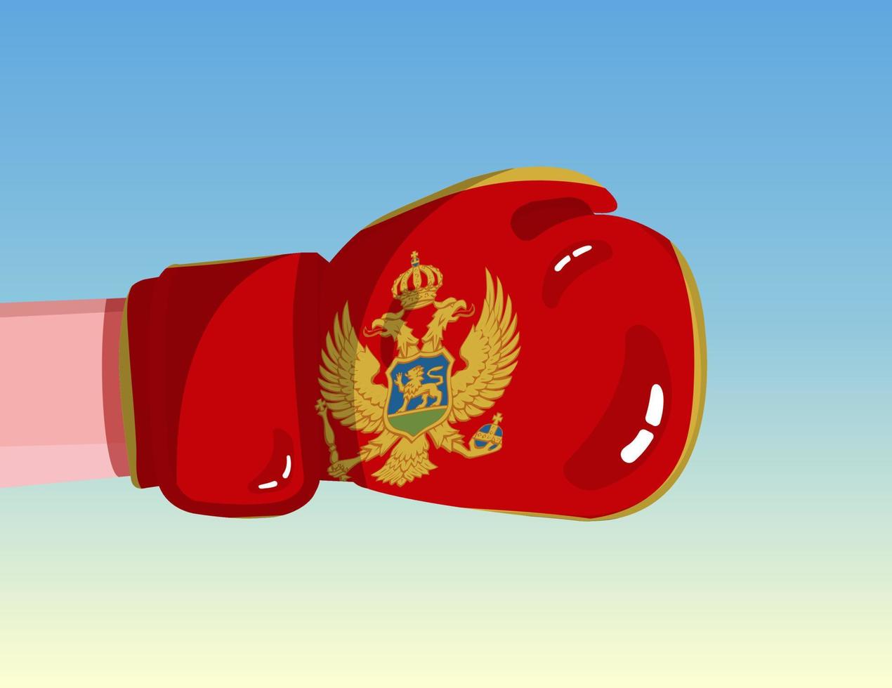 Flag of Montenegro on boxing glove. Confrontation between countries with competitive power. Offensive attitude. Separation of power. Template ready design. vector