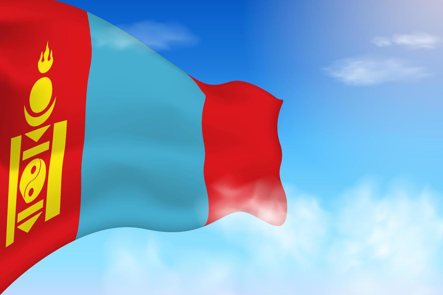 Mongolia flag in the clouds. Vector flag waving in the sky. National day realistic flag illustration. Blue sky vector.