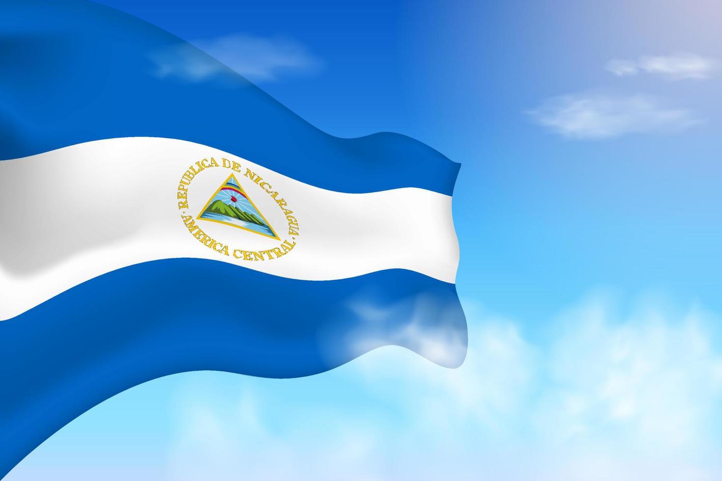 bandera de nicaragua en las nubes. bandera vectorial ondeando en el cielo. ilustración realista de la bandera del día nacional. vector de cielo azul.