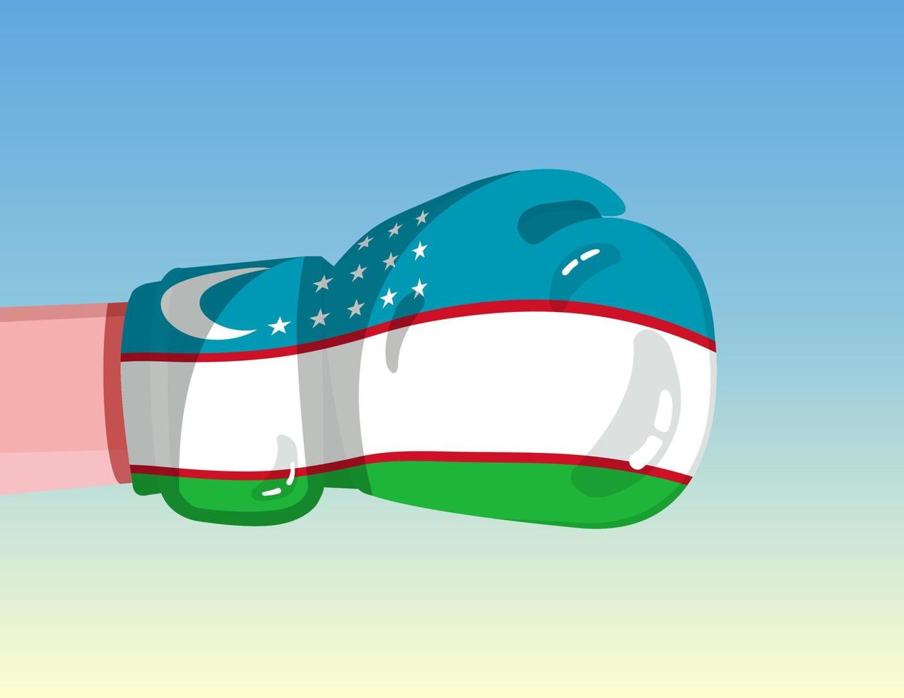 Flag of Uzbekistan on boxing glove. Confrontation between countries with competitive power. Offensive attitude. Separation of power. Template ready design. vector