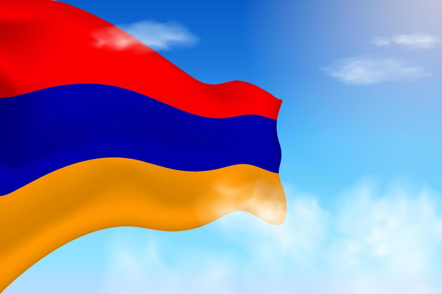 Armenia flag in the clouds. Vector flag waving in the sky. National day realistic flag illustration. Blue sky vector.