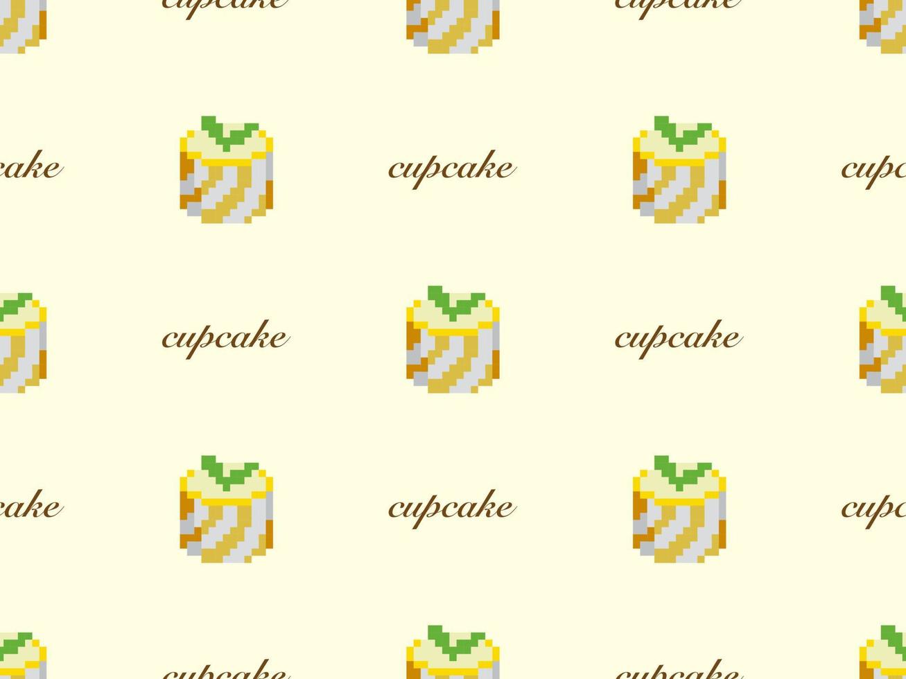 Cup cake cartoon character seamless pattern on yellow background. Pixel style vector