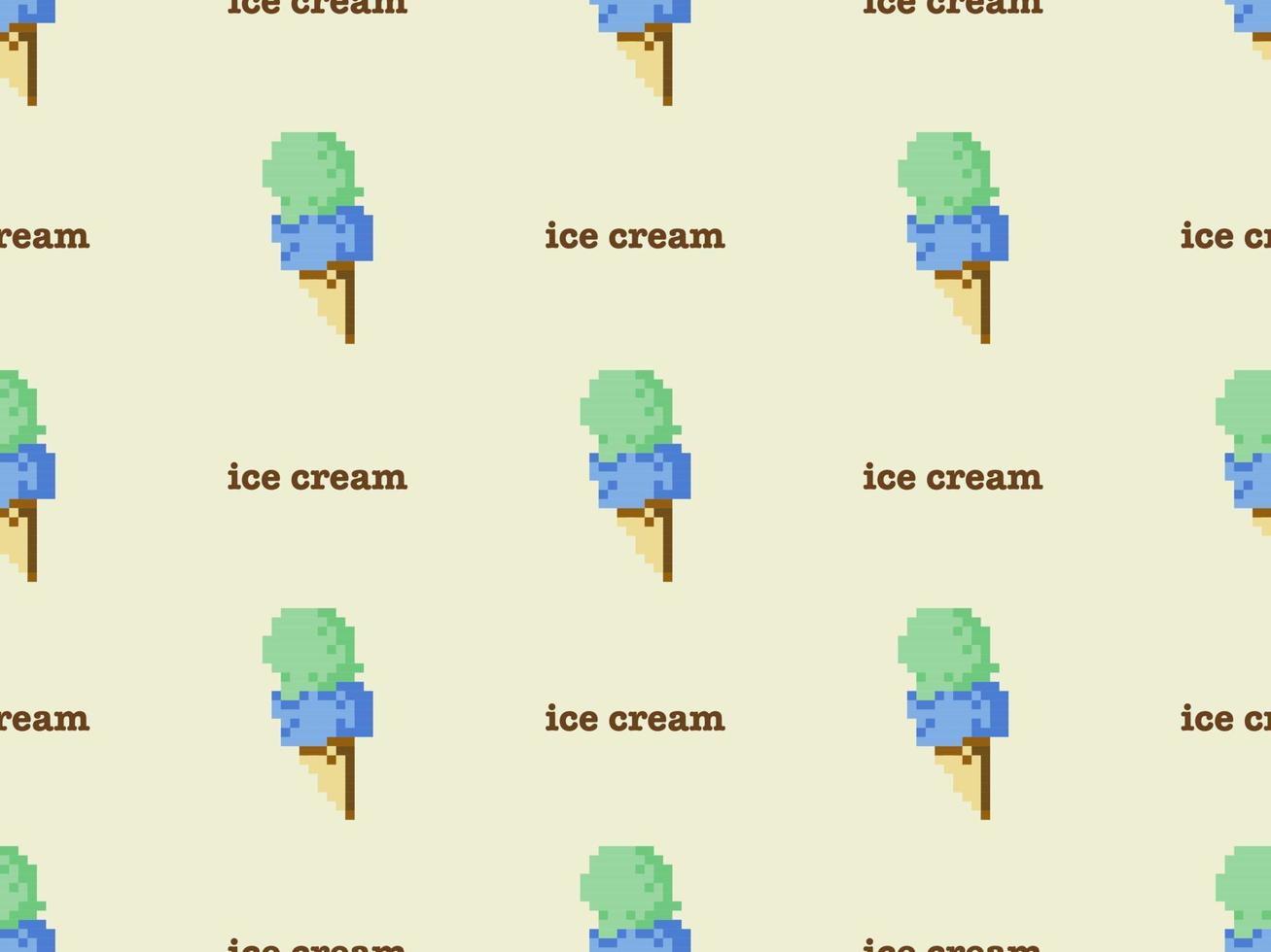 Ice cream cartoon character seamless pattern on yellow background. Pixel style vector