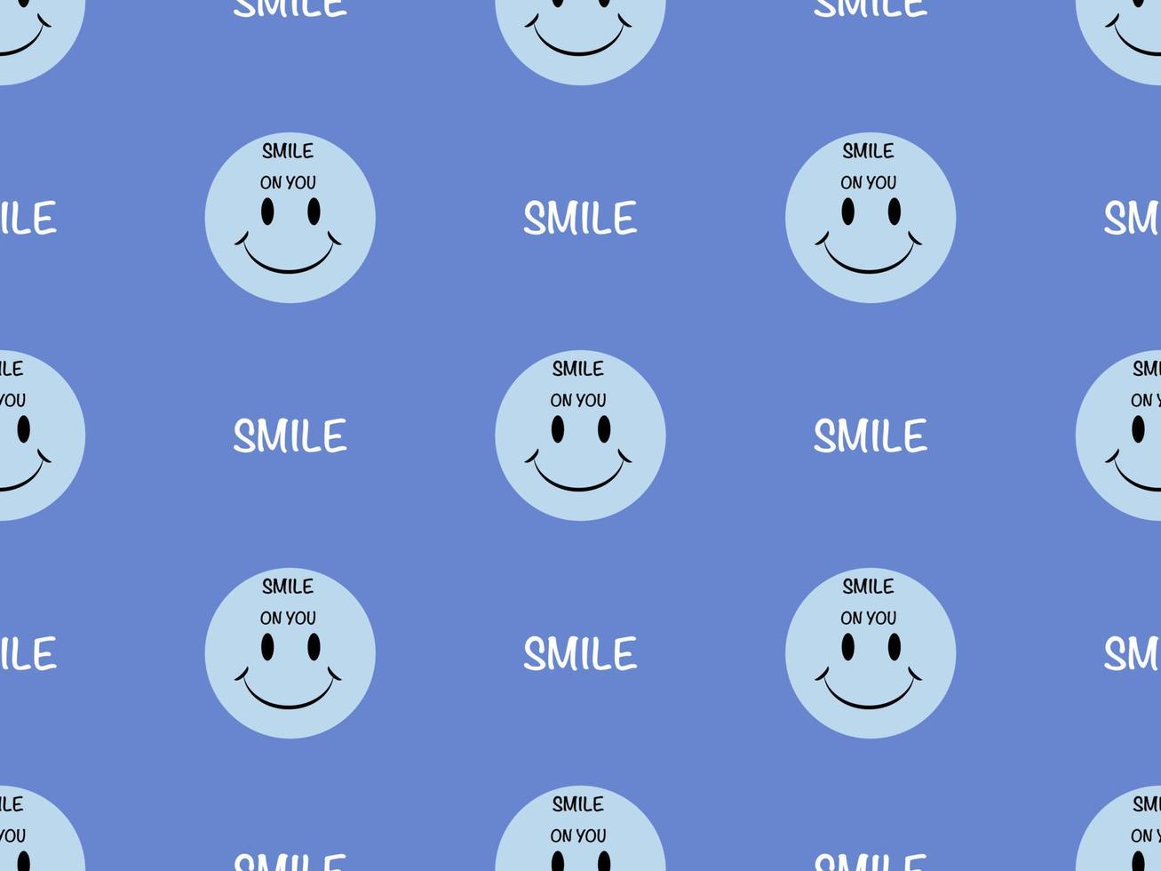 Smiley cartoon character seamless pattern on blue background. Pixel style vector