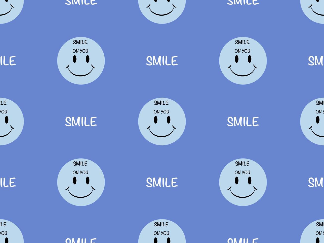 Smiley cartoon character seamless pattern on blue background. Pixel style vector