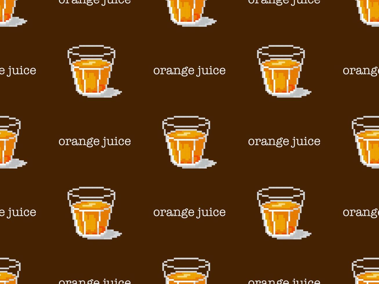 Orange juice cartoon character seamless pattern on brown background. Pixel style vector