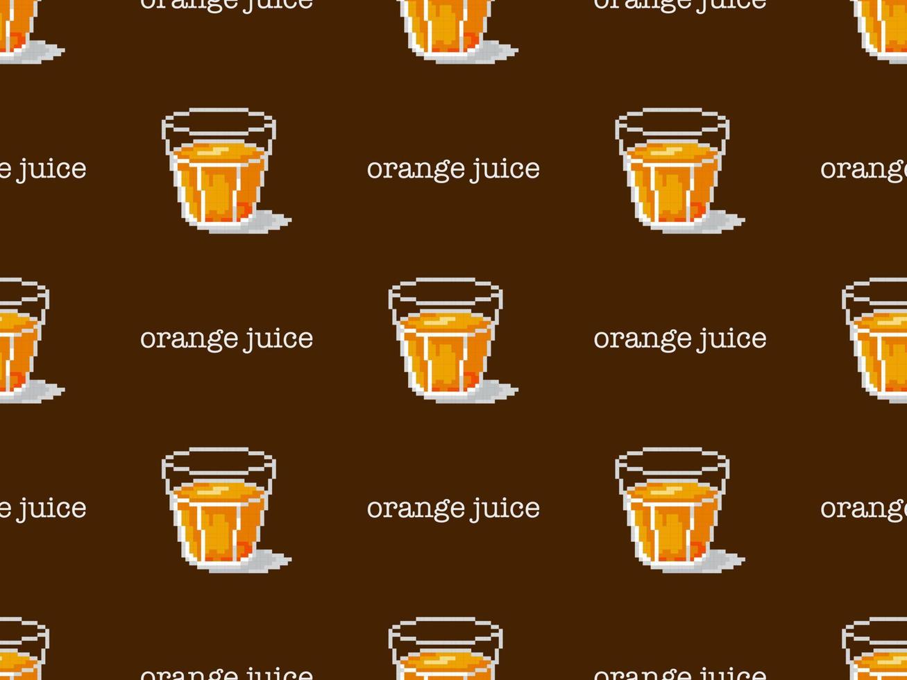 personaje de dibujos animados de jugo de naranja de patrones sin fisuras sobre fondo marrón. estilo de píxel vector