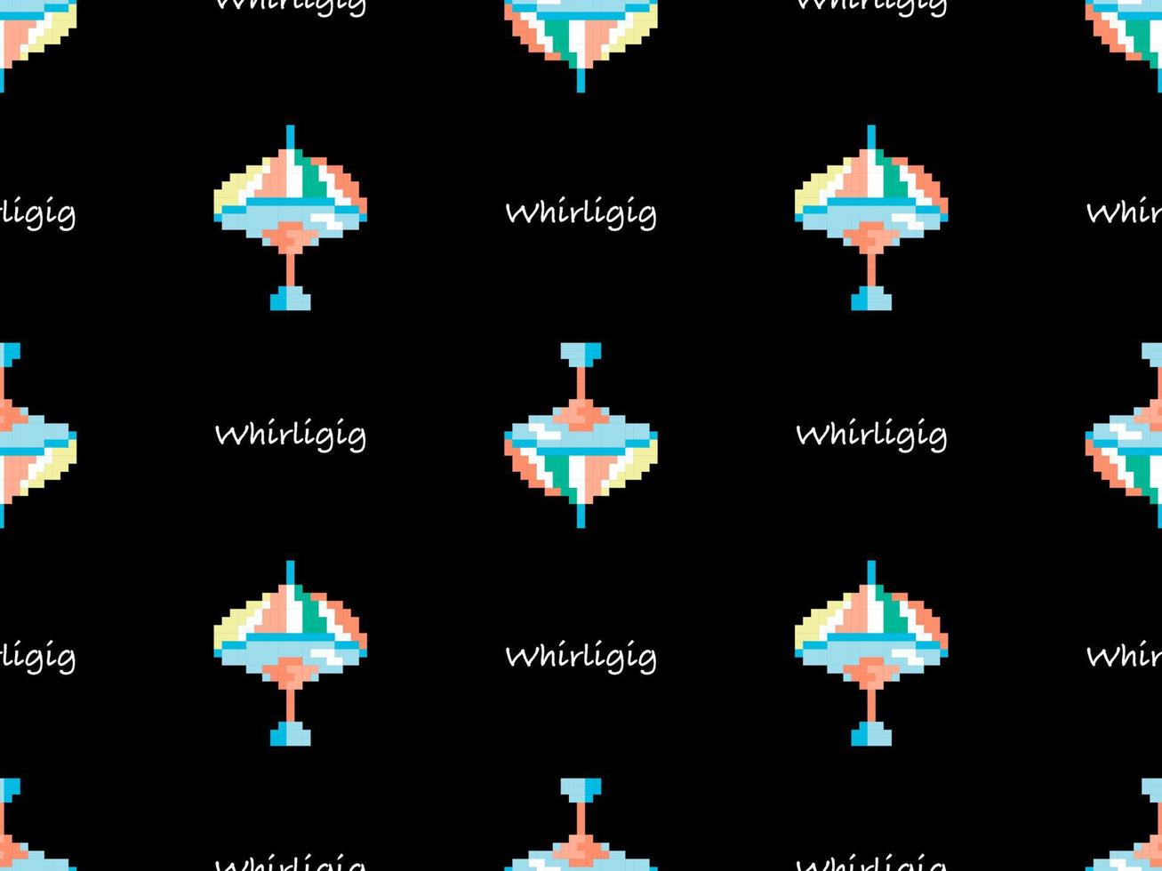 Whirligig cartoon character seamless pattern on black background. Pixel style vector