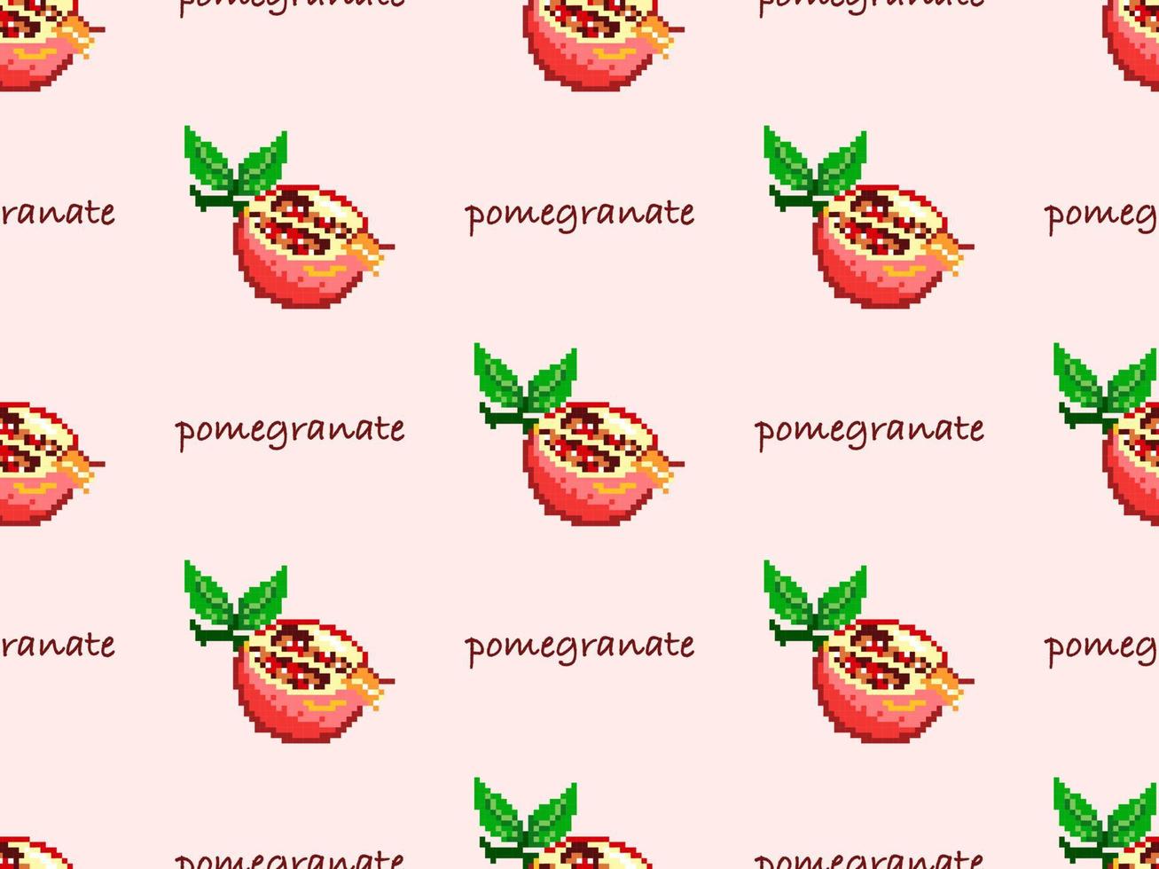 Pomegranate cartoon character seamless pattern on pink background. Pixel style vector