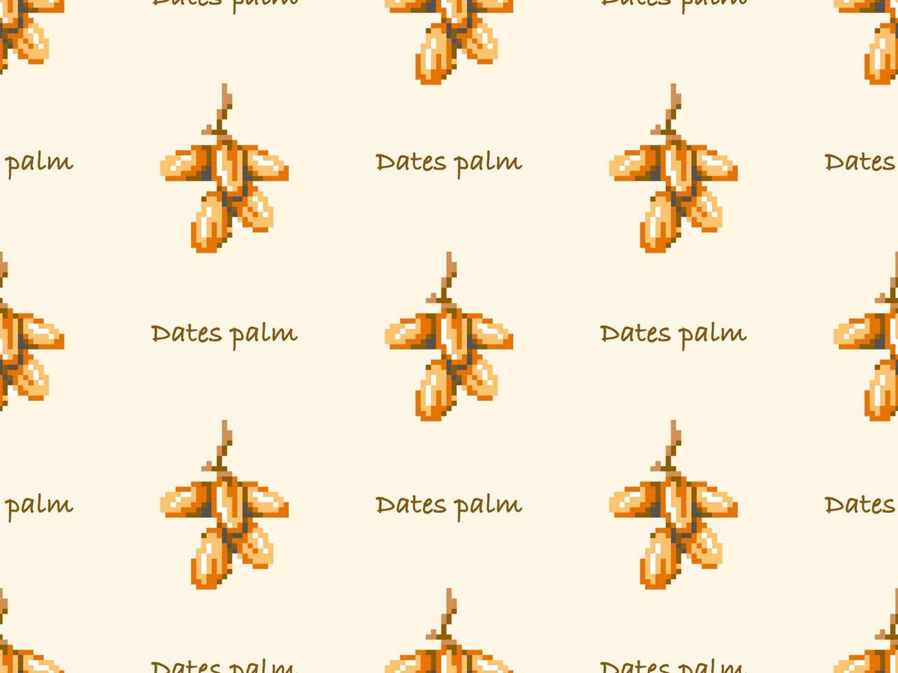 Dates palm cartoon character seamless pattern on yellow background. Pixel style vector