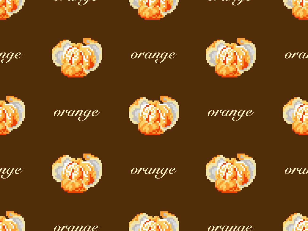 Orange cartoon character seamless pattern on brown background. Pixel style vector