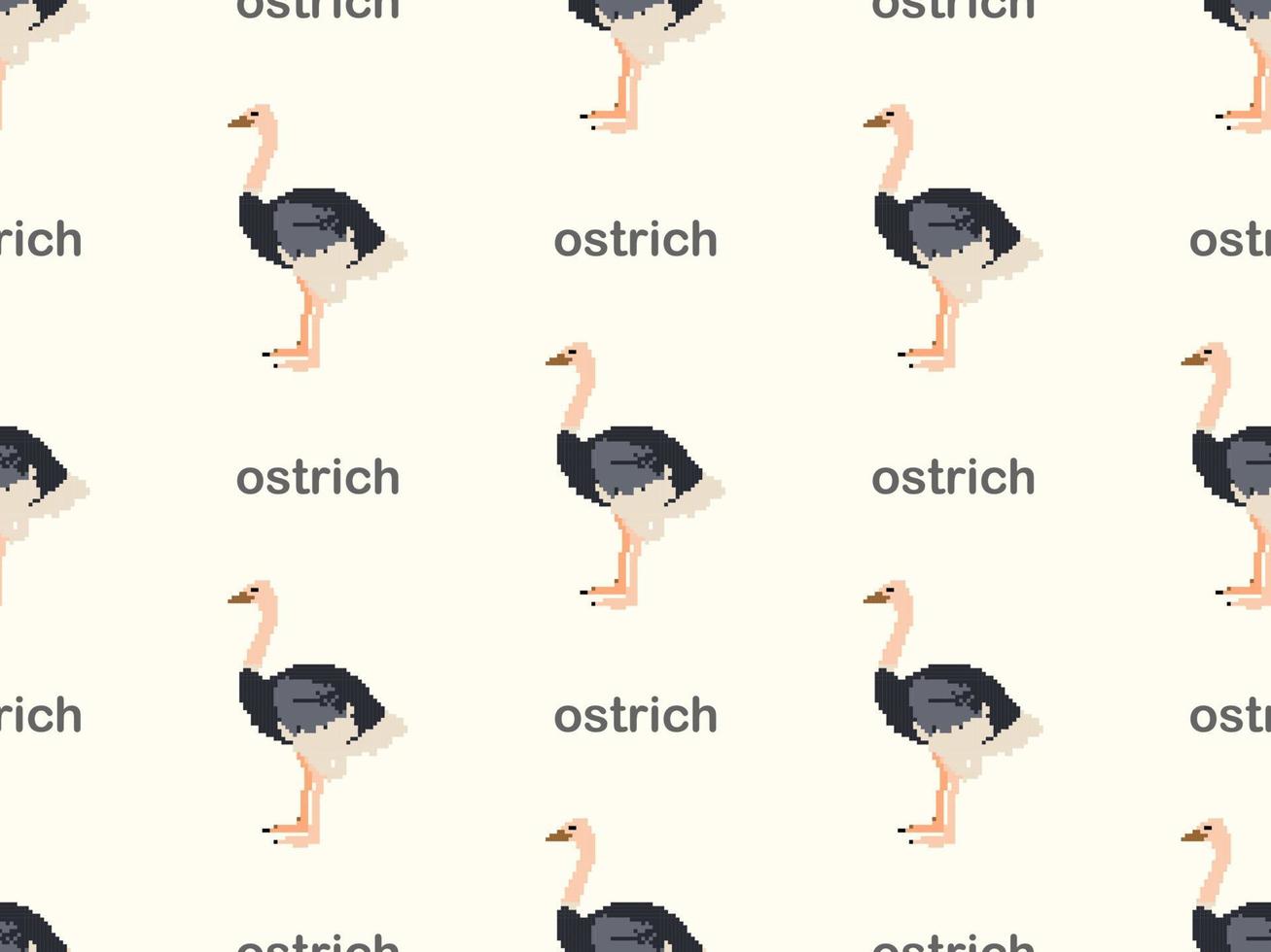 Ostrich cartoon character seamless pattern on yellow background. Pixel style vector
