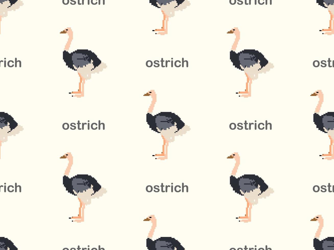 Ostrich cartoon character seamless pattern on yellow background. Pixel style vector