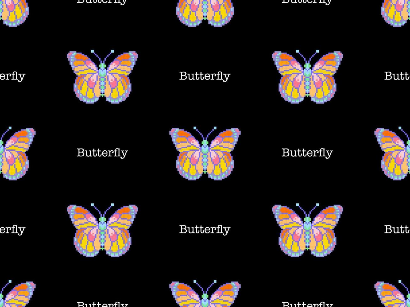 Butterfly cartoon character seamless pattern on black background. Pixel style vector