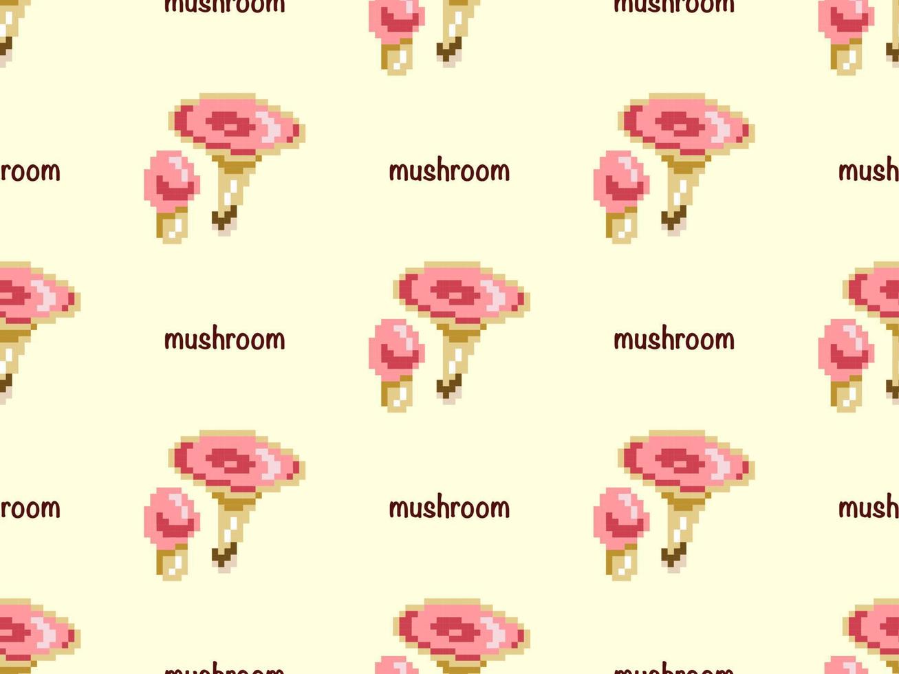 Mushroom cartoon character seamless pattern on yellow background. Pixel style vector