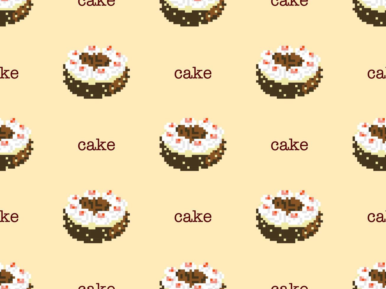 Cake cartoon character seamless pattern on yellow background. Pixel style vector