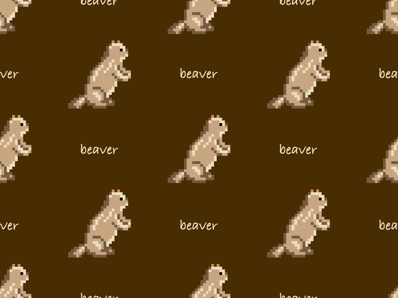 Beaver cartoon character seamless pattern on brown background. Pixel style vector