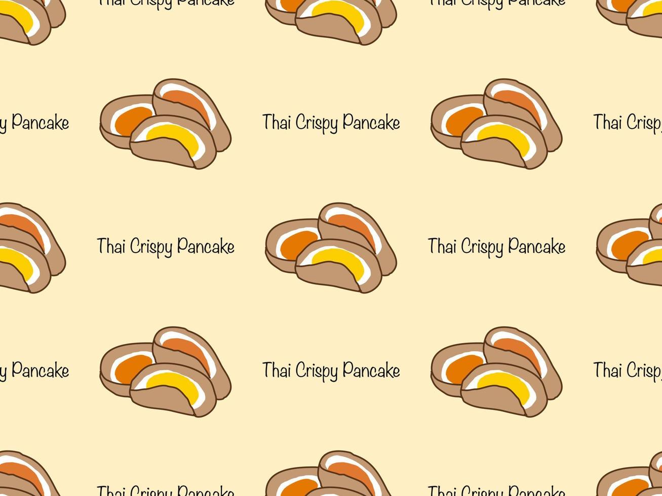 Thai crispy pancake cartoon character seamless pattern on yellow background. Pixel style vector