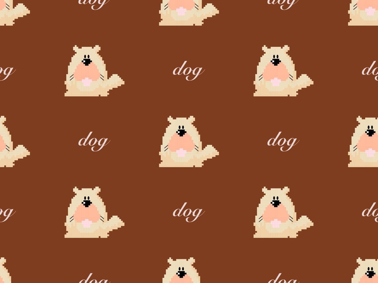 Dog cartoon character seamless pattern on brown background. Pixel style vector