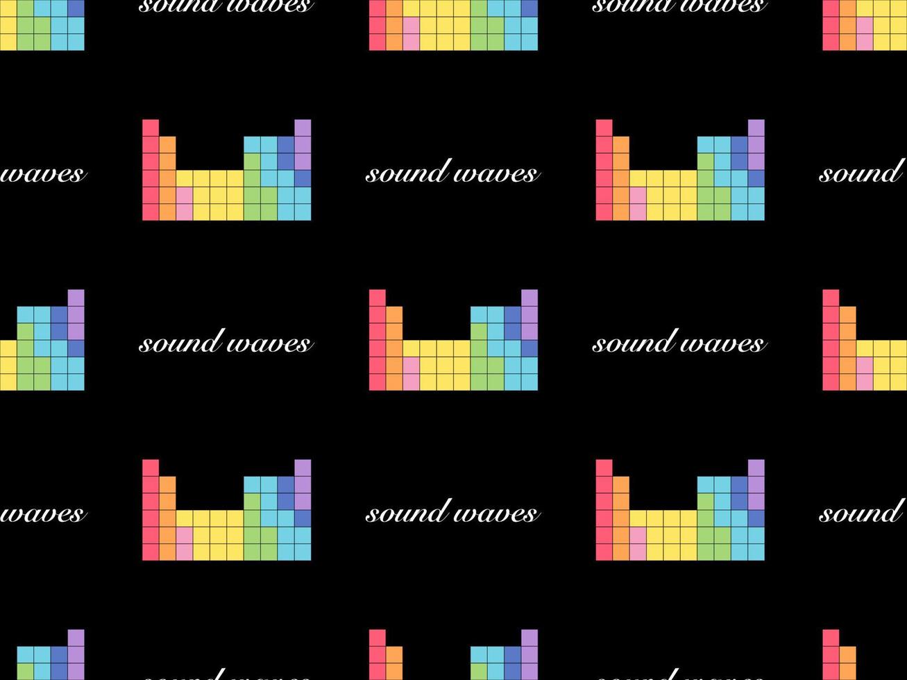 Sound waves cartoon character seamless pattern on black background. Pixel style vector