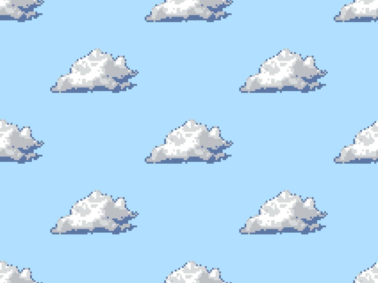 Cloud cartoon character seamless pattern on blue background. Pixel style vector