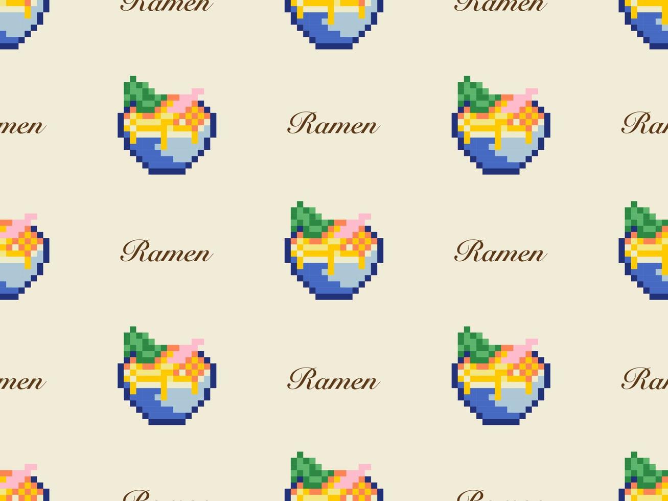 Ramen cartoon character seamless pattern on yellow background. Pixel style vector