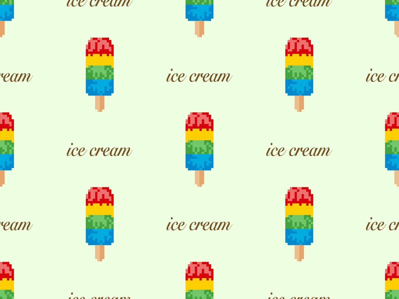Ice cream cartoon character seamless pattern on green background. Pixel style vector
