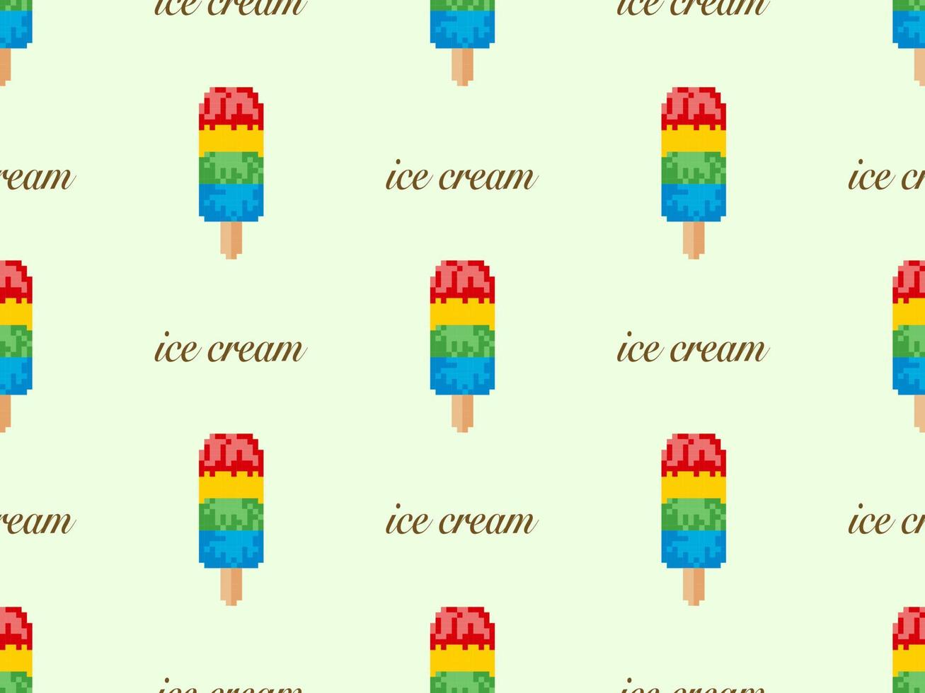 Ice cream cartoon character seamless pattern on green background. Pixel style vector