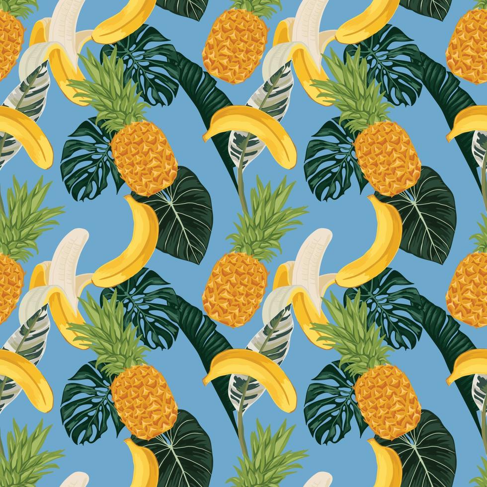 diseño sin costura tropical de frutas de verano sobre fondo azul vector