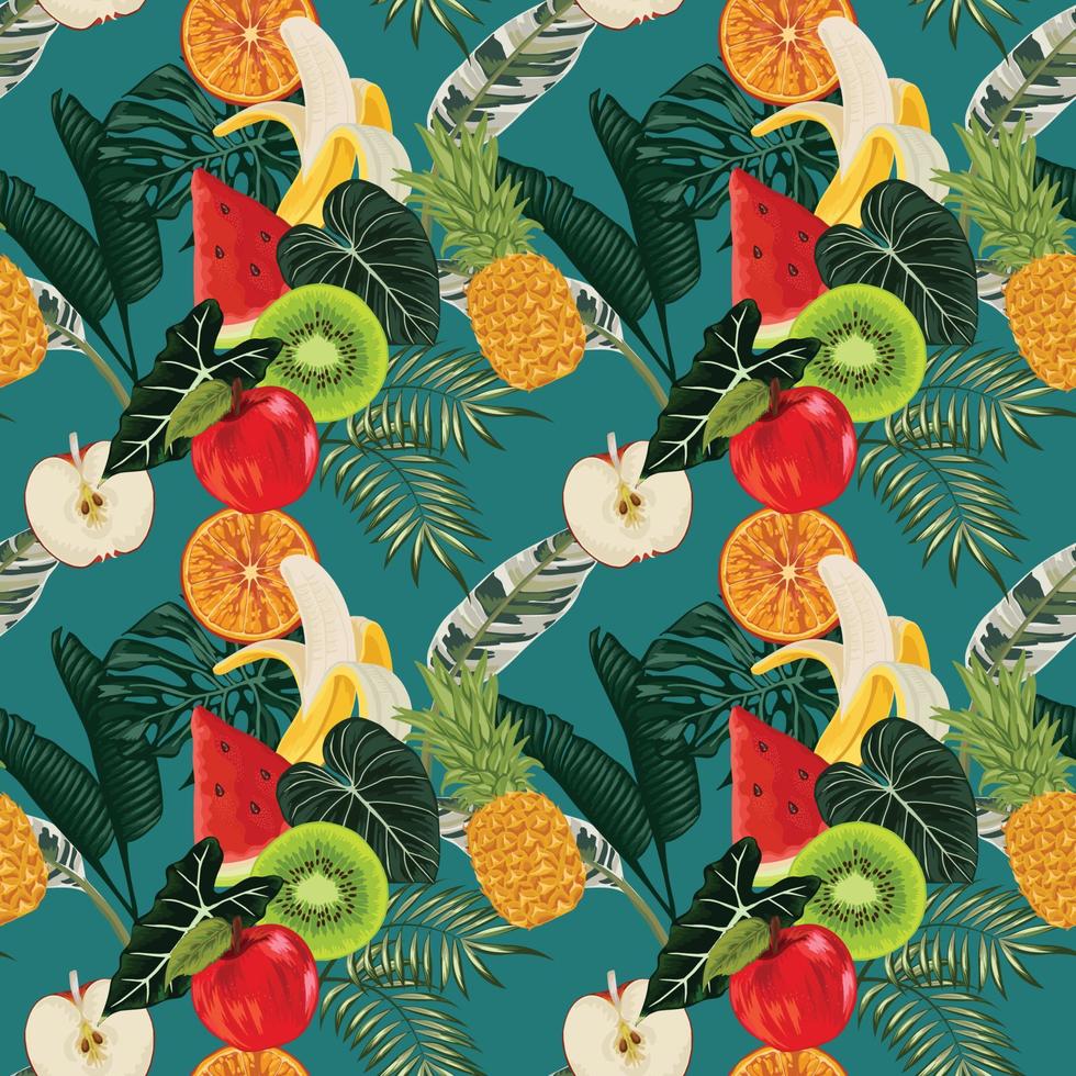 summer fruits tropical seamless design on green background vector