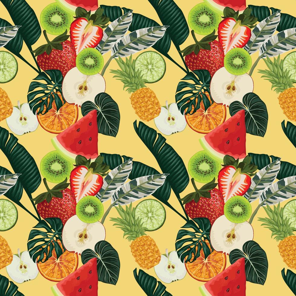 summer fruits tropical seamless on yellow background vector