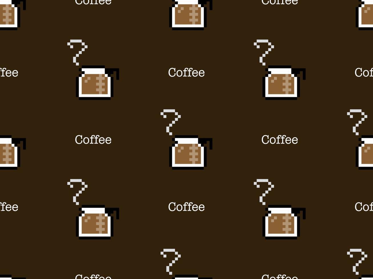 Coffee cartoon character seamless pattern on black background. Pixel style vector