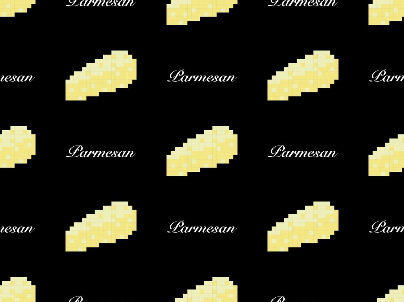Parmesan cartoon character seamless pattern on black background. Pixel style vector