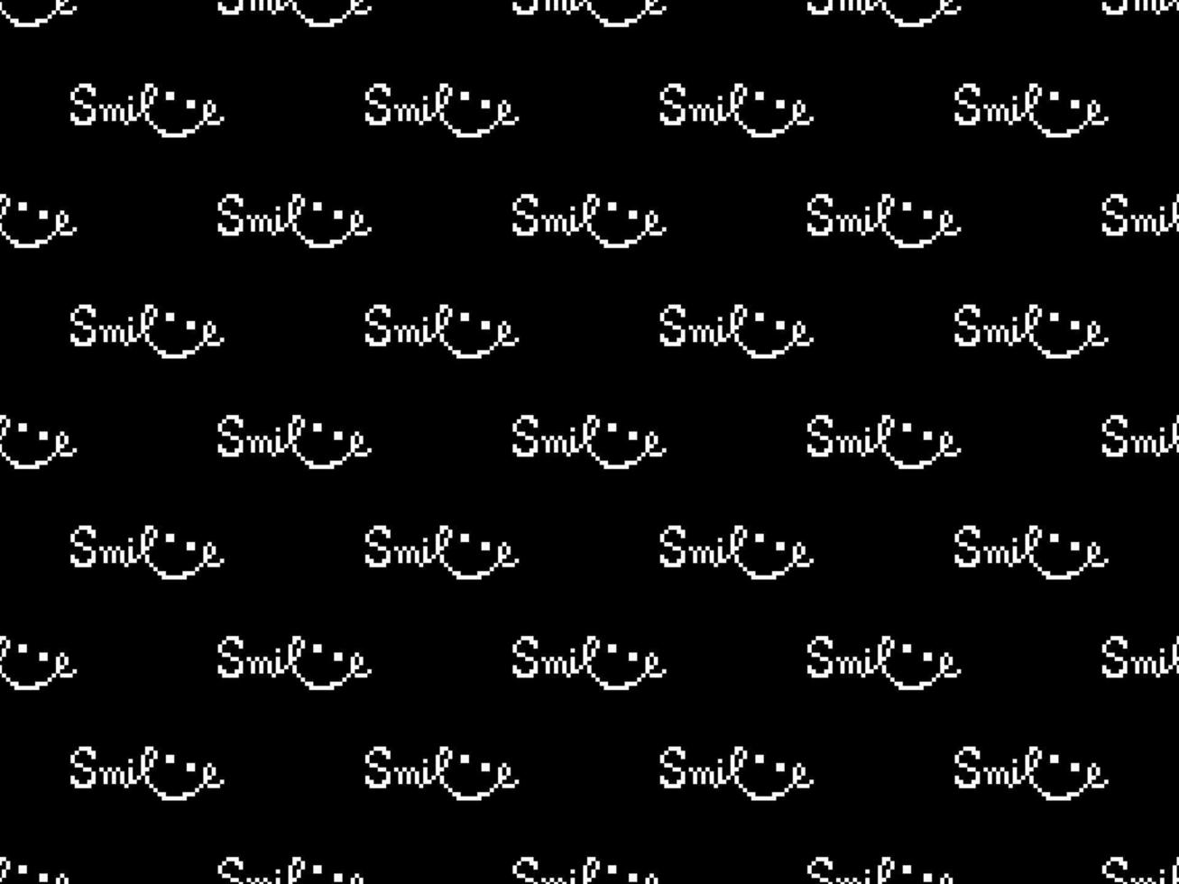 sonrisa palabra personaje de dibujos animados de patrones sin fisuras sobre fondo negro. estilo de píxel vector