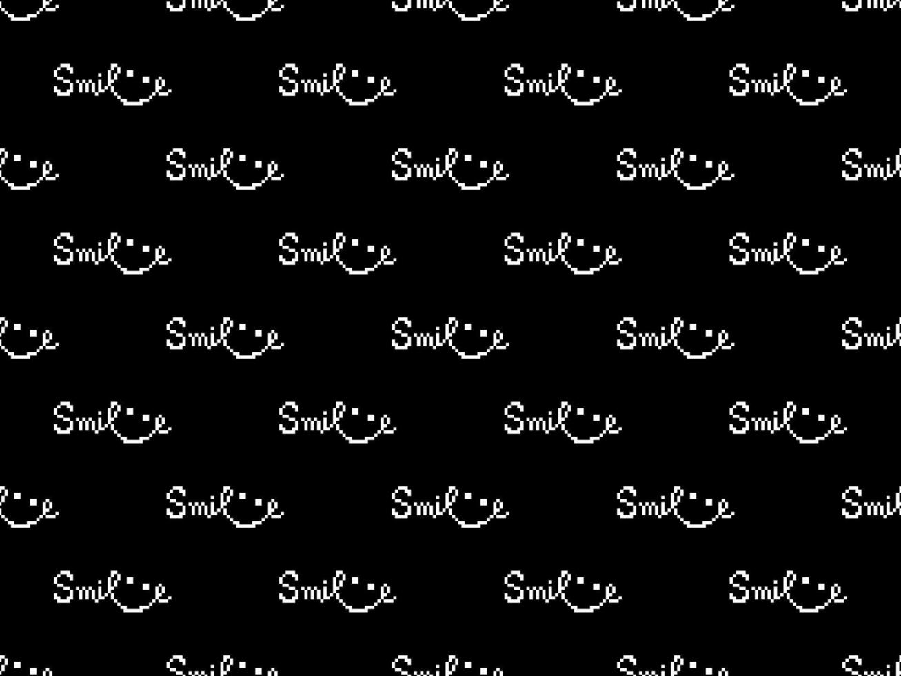 Smile word cartoon character seamless pattern on black background. Pixel style vector